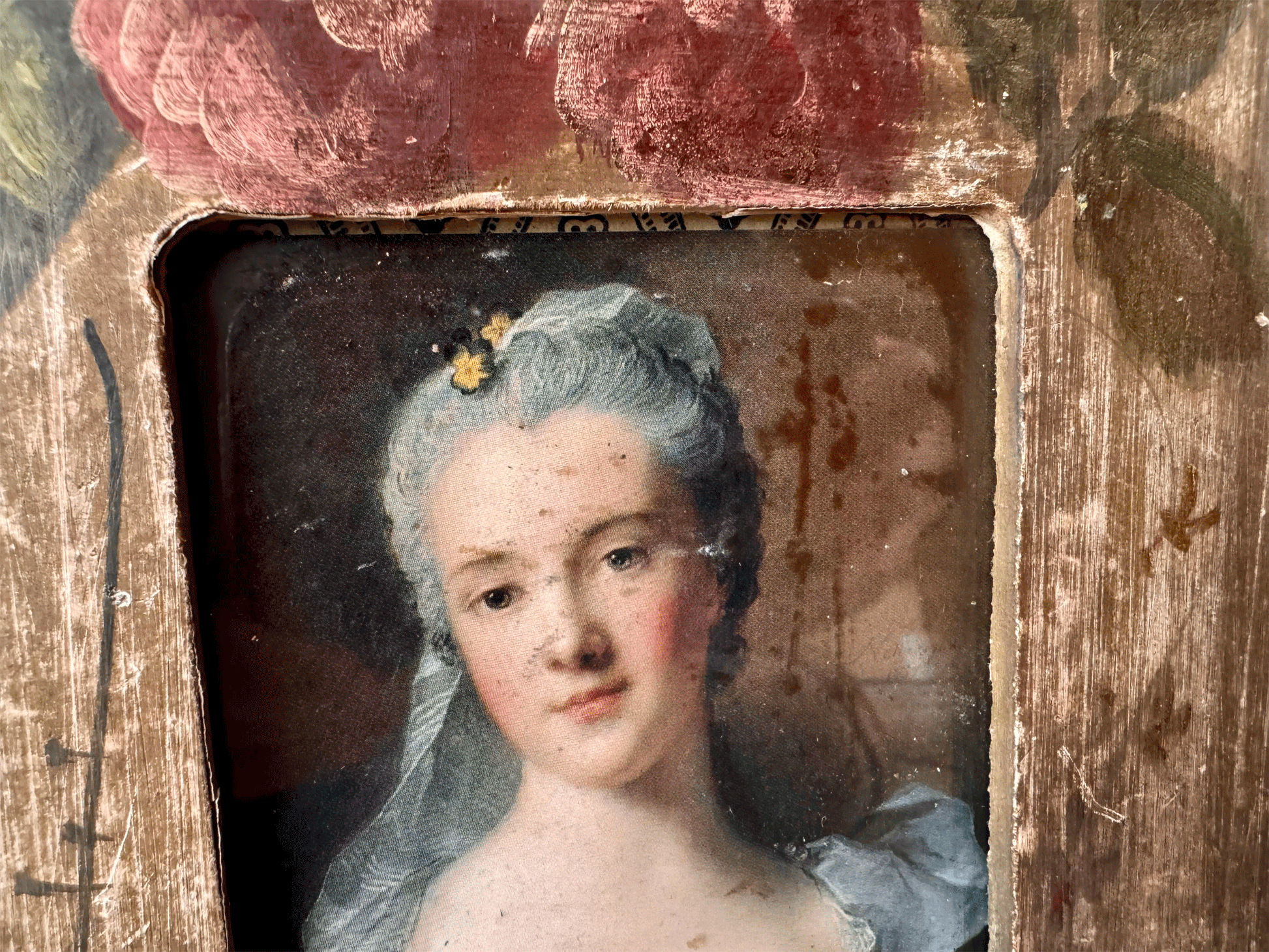 vintage french weathered timeworn photo picture frame pink florals regency lady