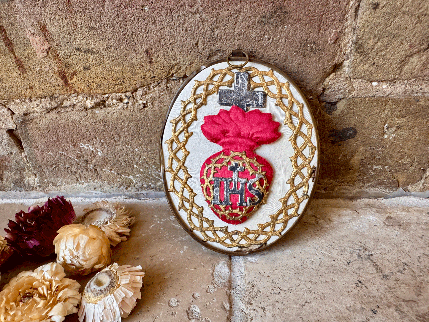 vintage french religious reliquary framed sacred heart decorative