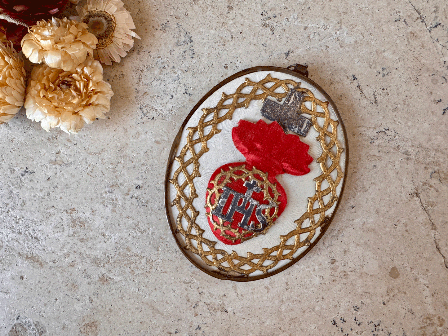 vintage french religious reliquary framed sacred heart decorative