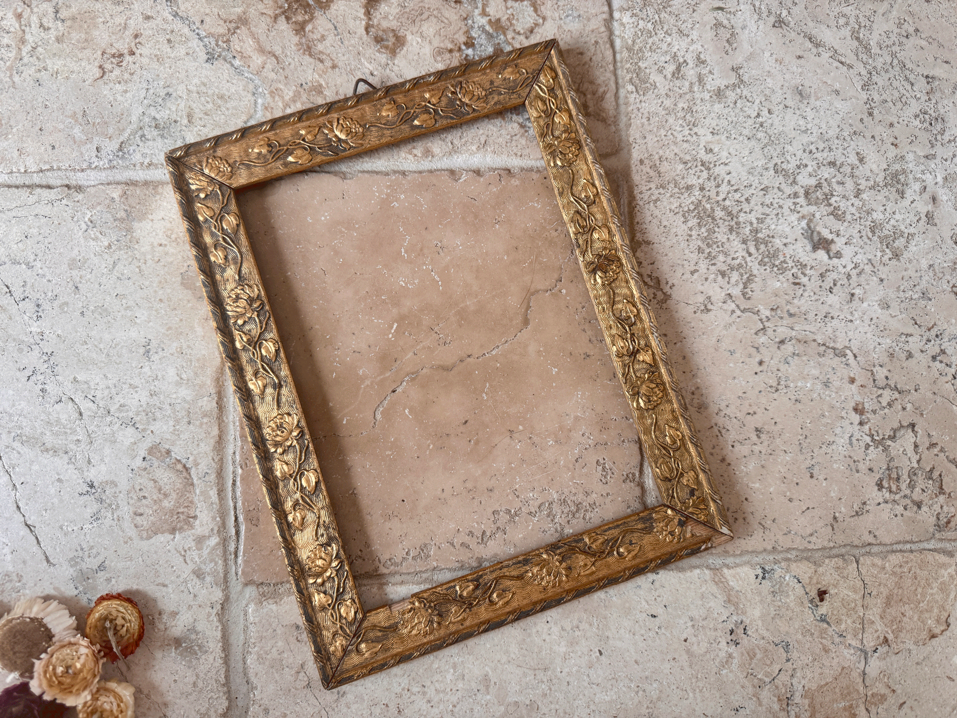 vintage french gilded gilt gold wooden frame floral relief garland