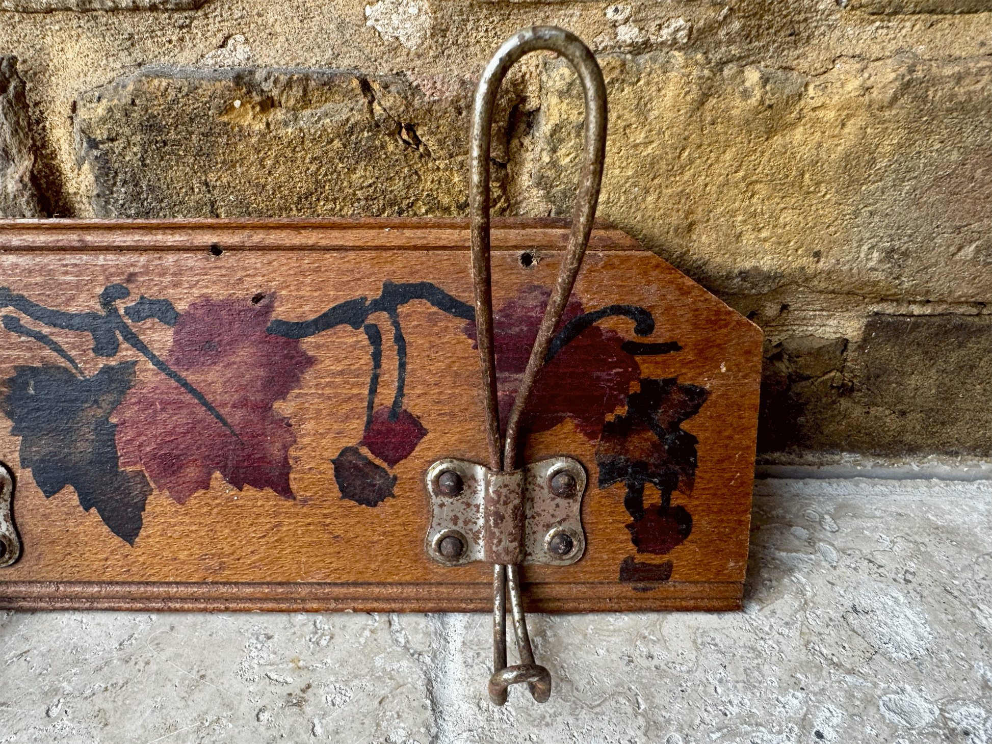 hnd painted decorative french wooden panel coat hooks berries foliage leaves