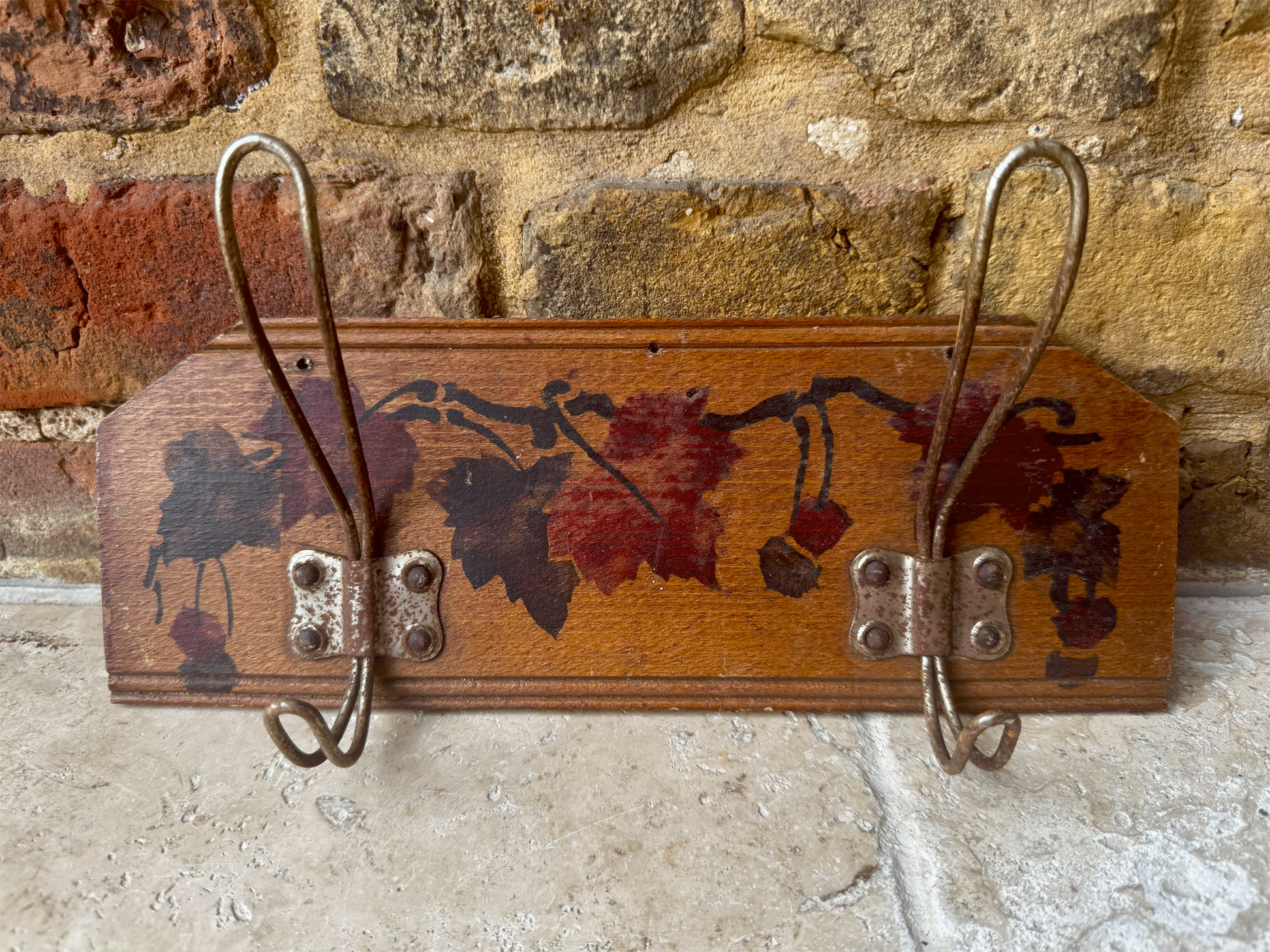 hnd painted decorative french wooden panel coat hooks berries foliage leaves