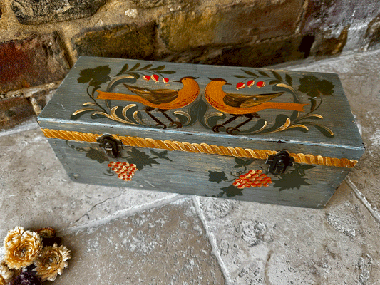vintage french swedish folk art marriage box gift and painted birds grape vines