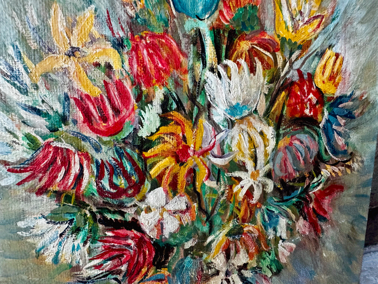 vintage french oil painting canvas virbant floral still life flowers vase signed mangin