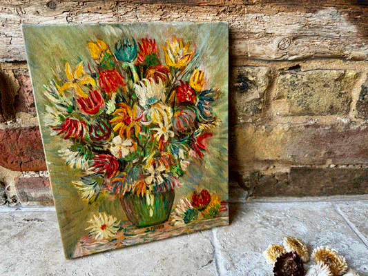 vintage french oil painting canvas virbant floral still life flowers vase signed mangin