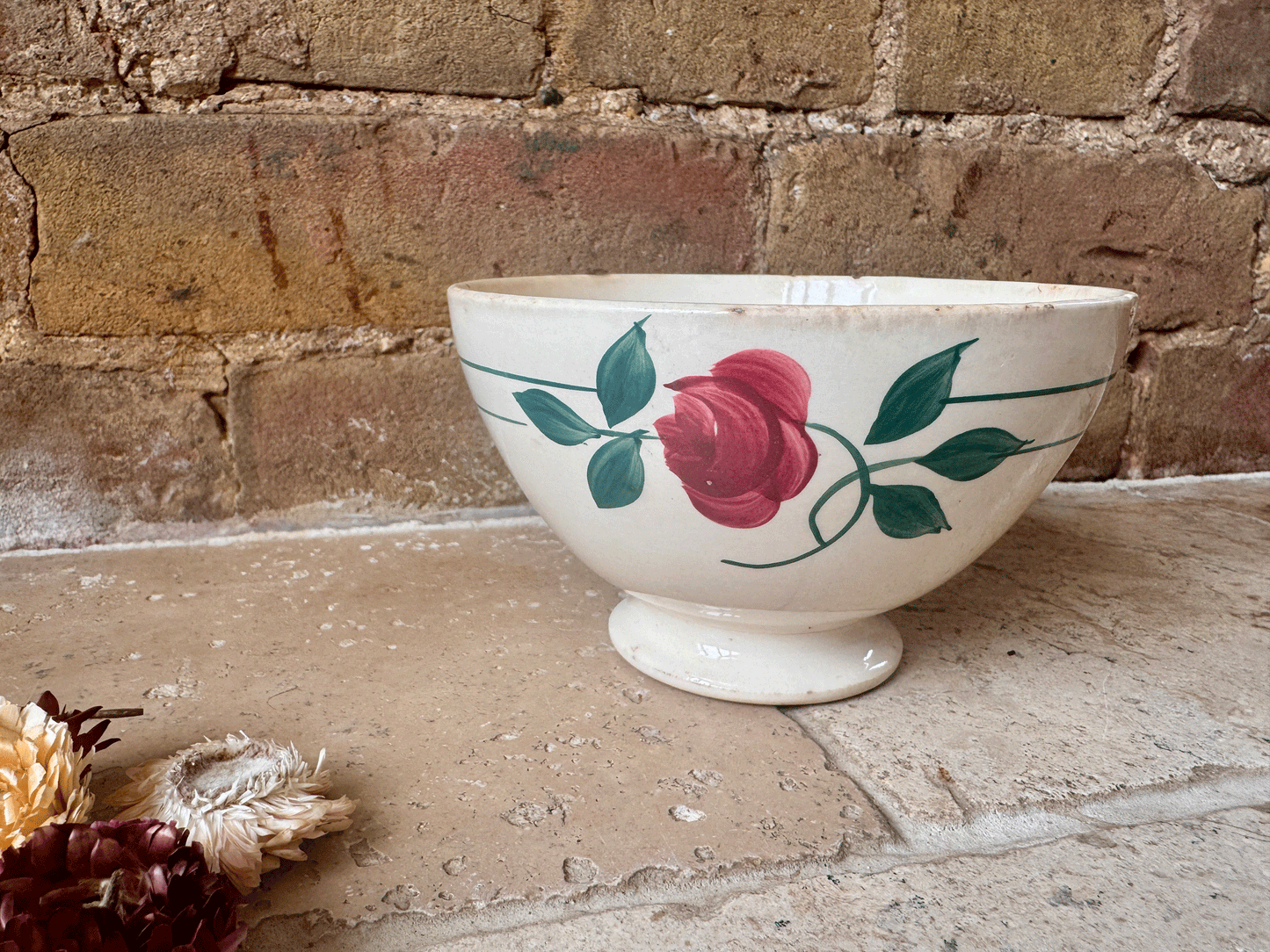 vintage french ironstone hand painted cafe au lait bowl stripes roses