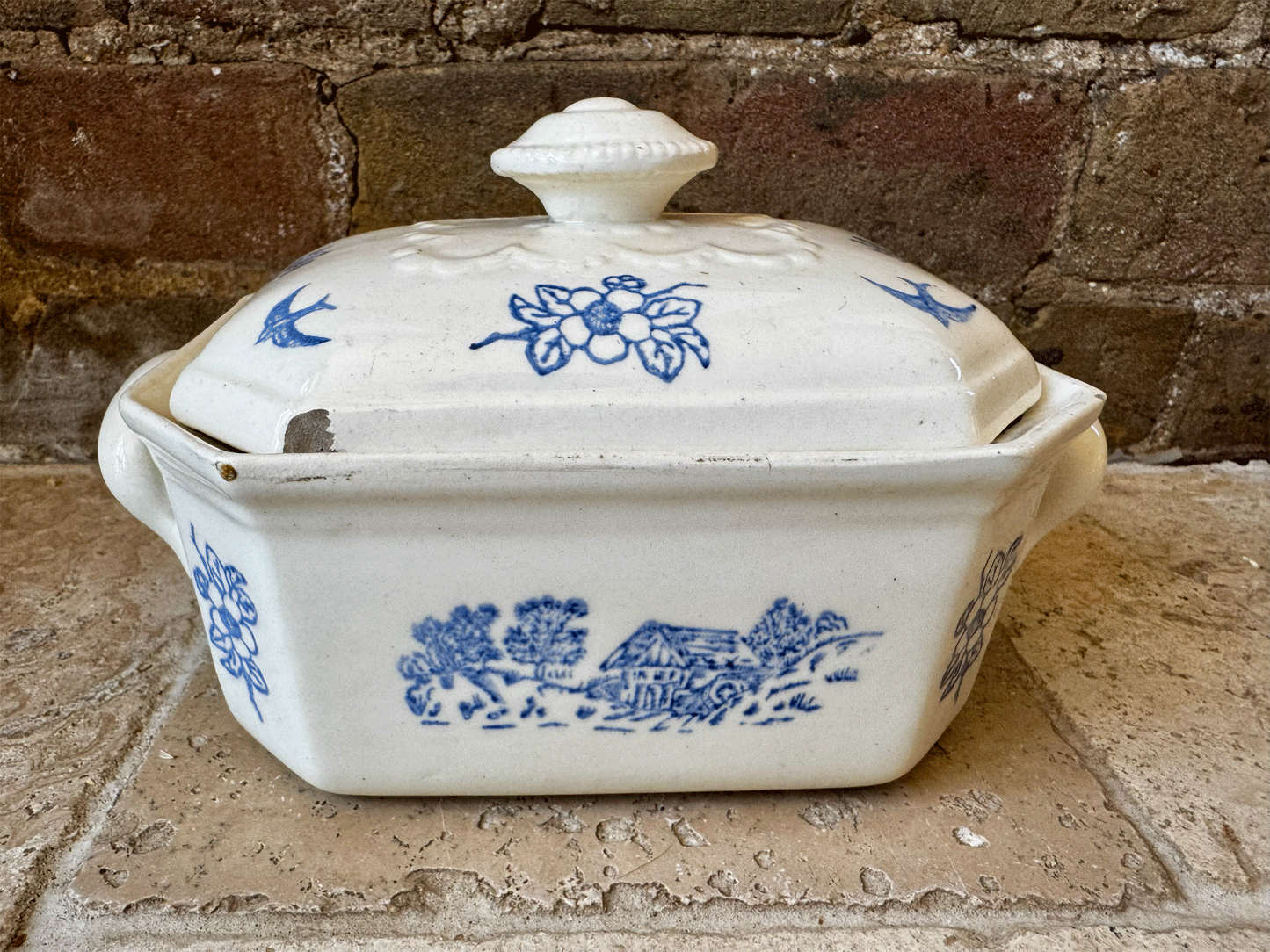 vintage french st uze butter dish floral country birds white blue transferware decoration