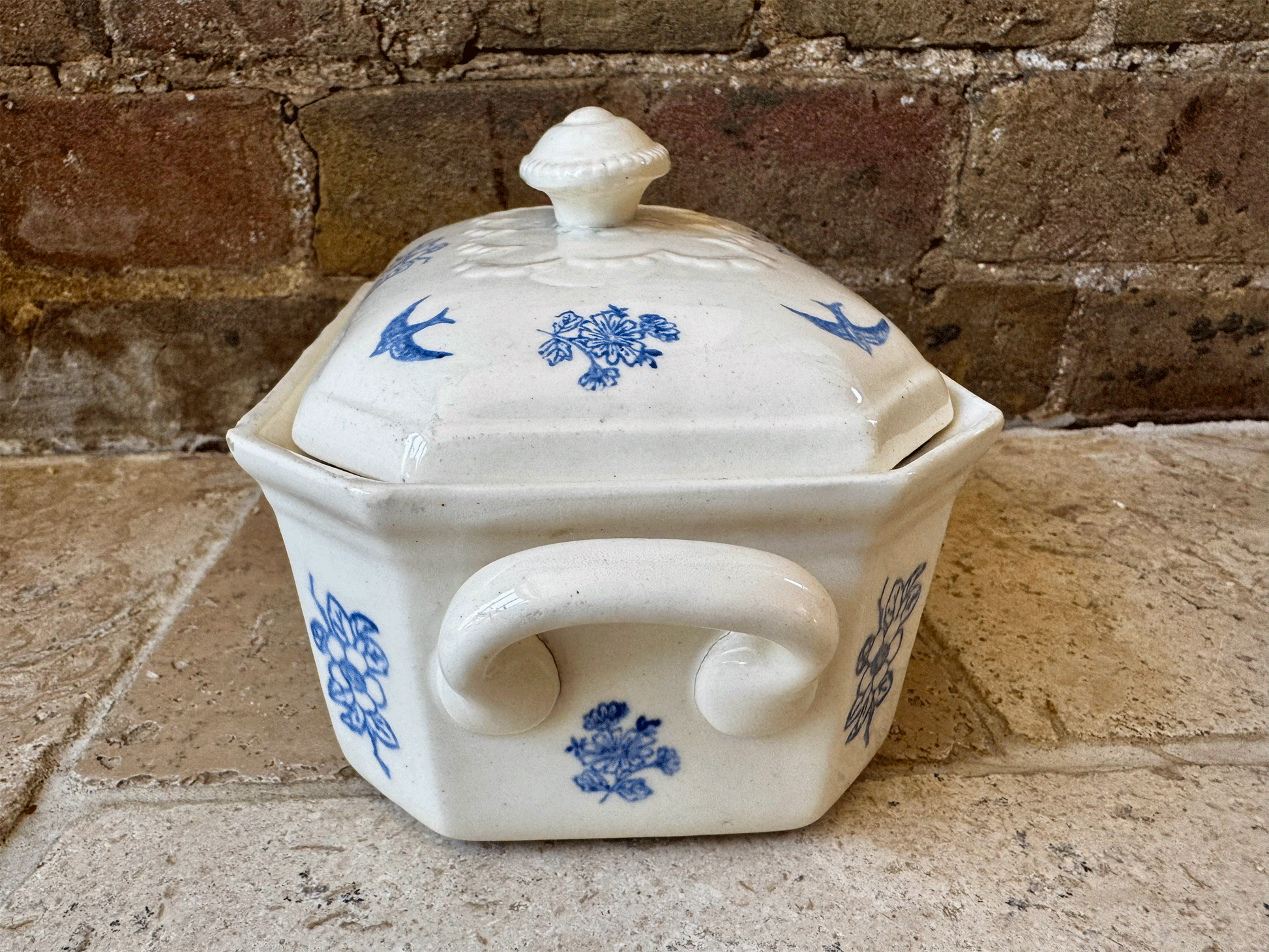 vintage french st uze butter dish floral country birds white blue transferware decoration