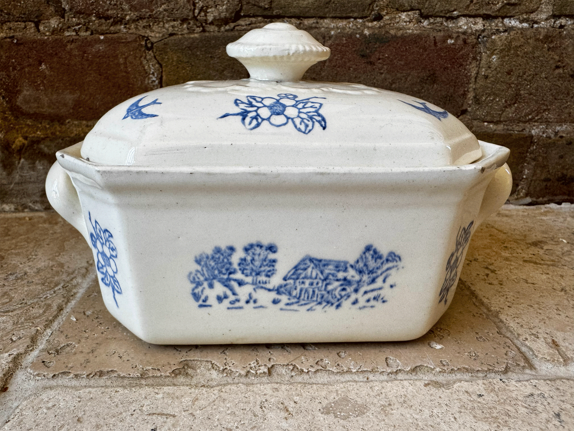 vintage french st uze butter dish floral country birds white blue transferware decoration