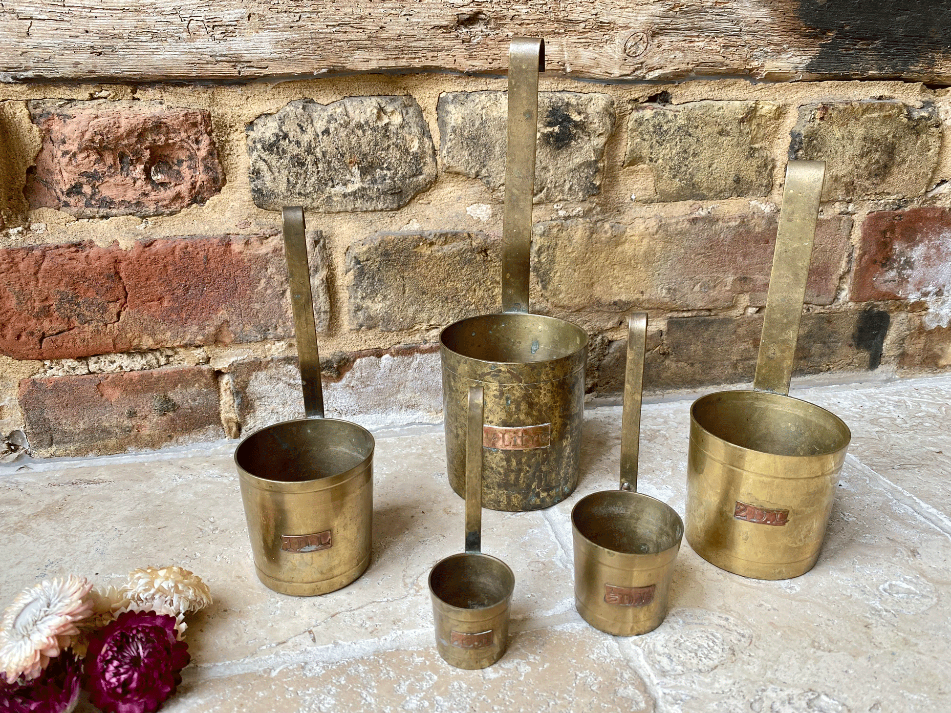 vintage french set graduated brass measures measuring cup