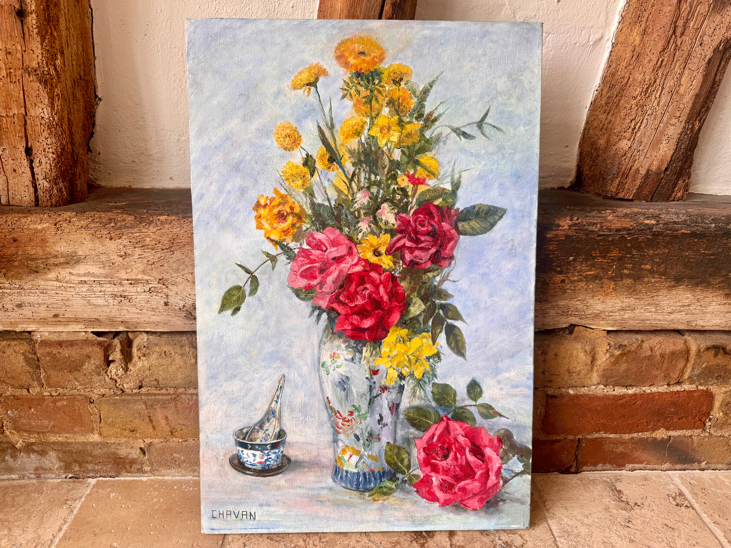 vintage french large floral still life chinoiserie vase pottery oil canvas signed chavan