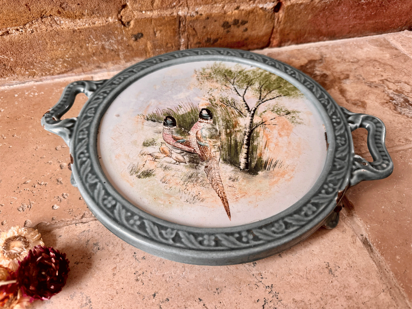 large vintage french blue enamel pot stand painted tile family pheasants
