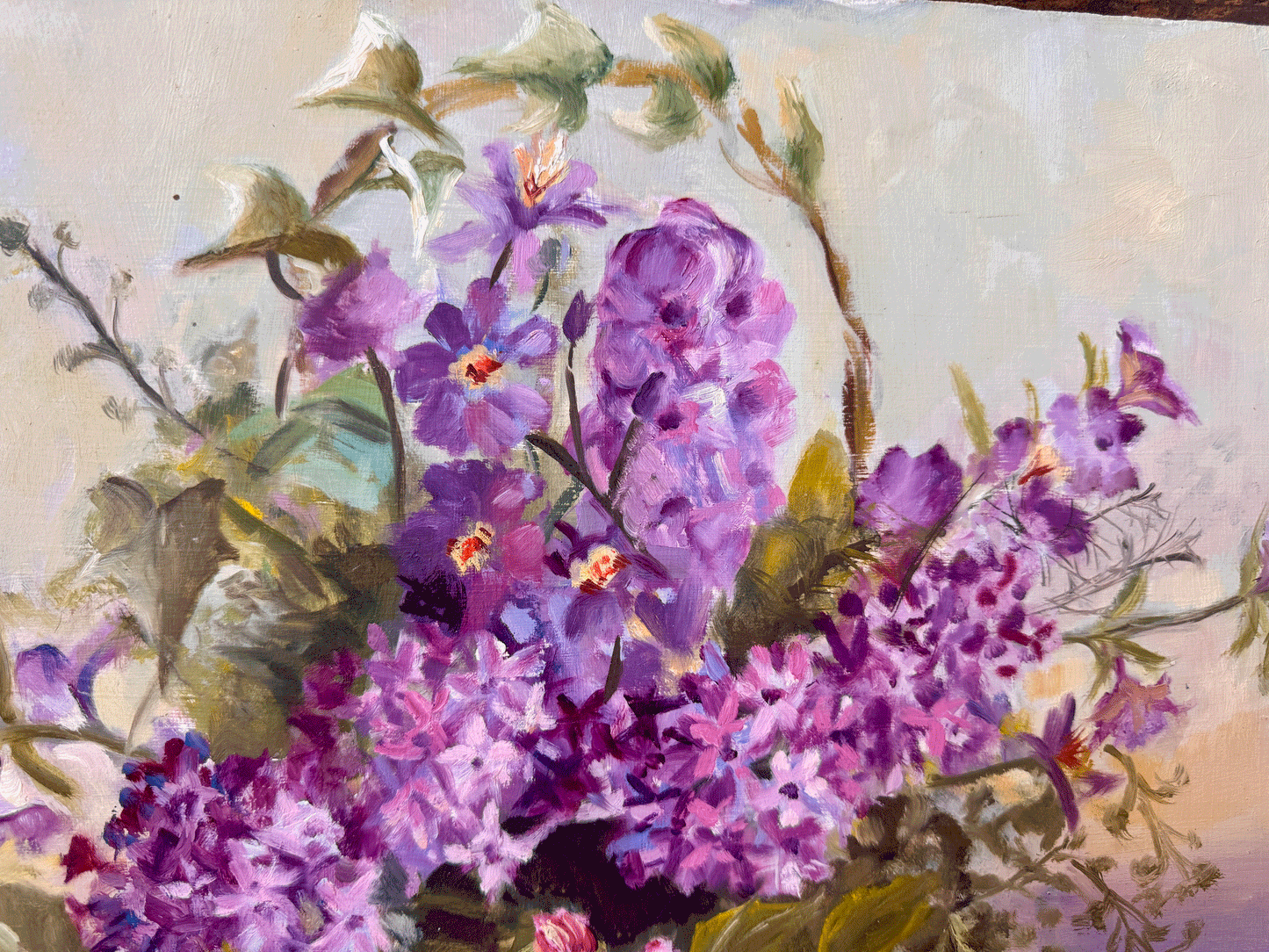 vintage french artwork lilac purple flowers floal still life oil canvas board signed