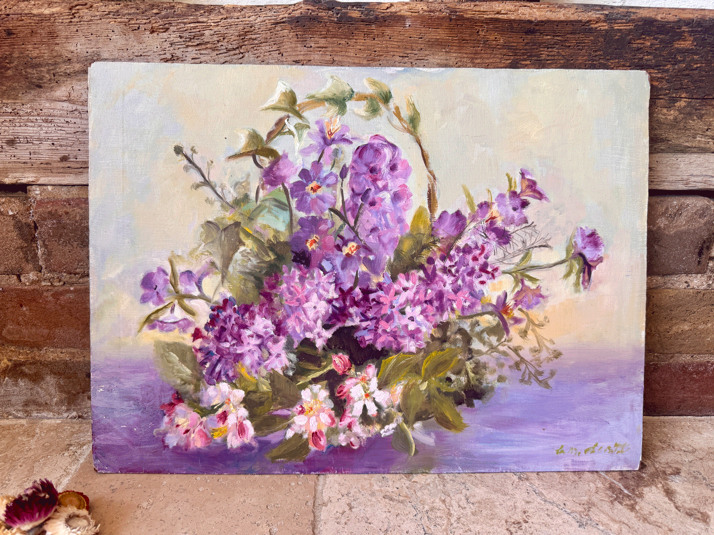 vintage french artwork lilac purple flowers floal still life oil canvas board signed