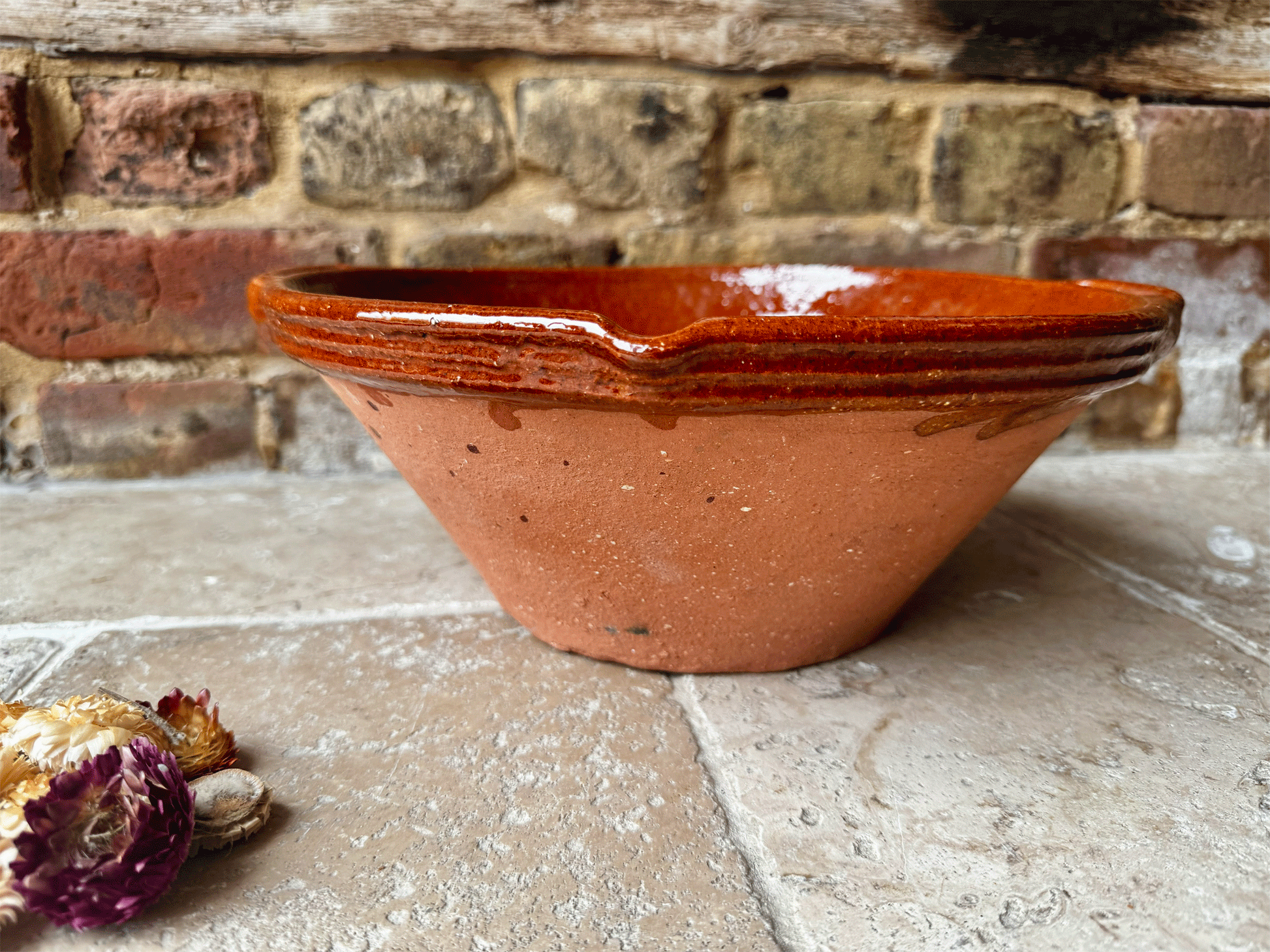 vintage french terracotta pancheon mixing dairy pan pouring lip glazed interior