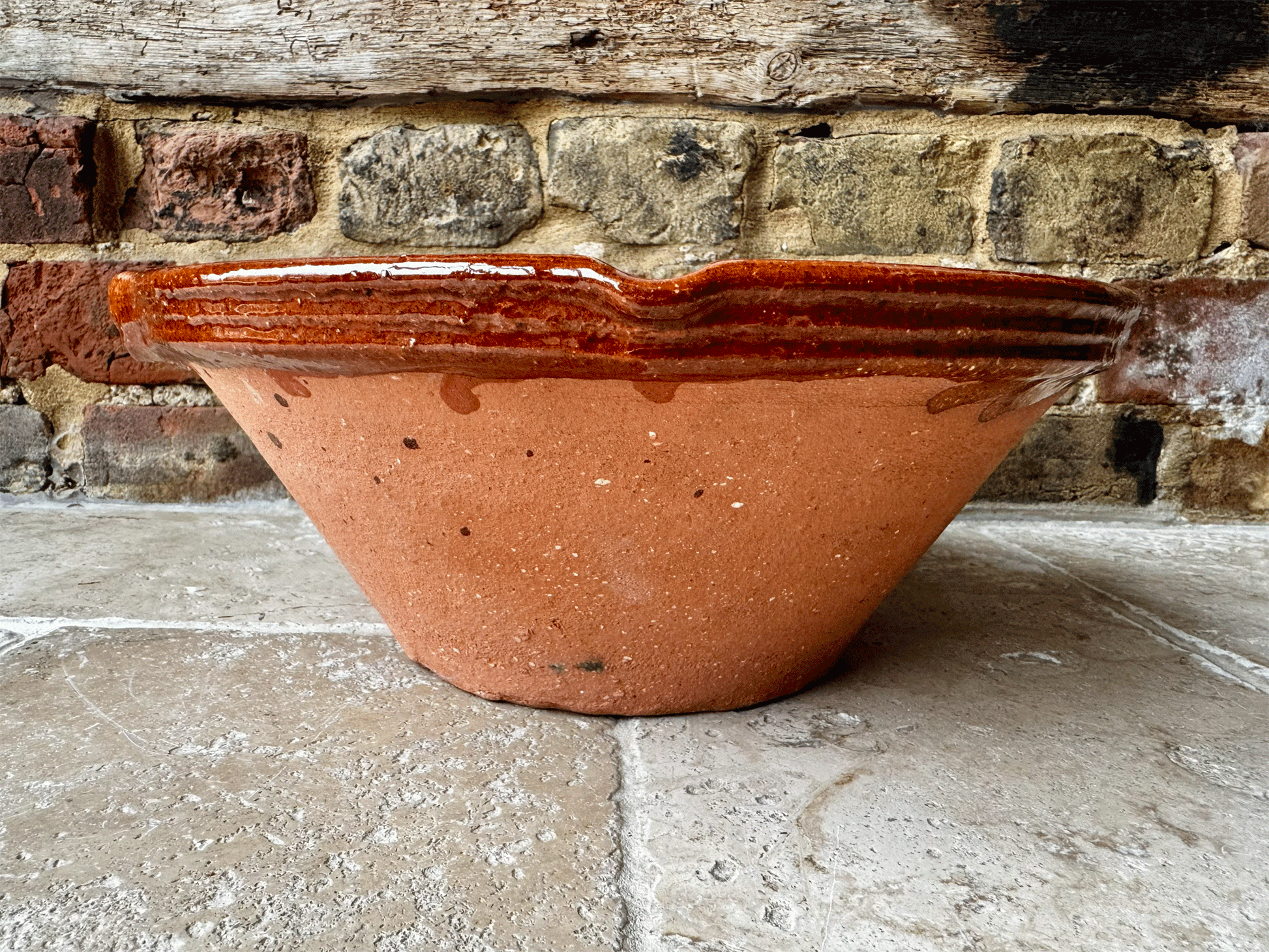 vintage french terracotta pancheon mixing dairy pan pouring lip glazed interior