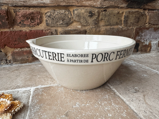 large vintage stoneware french butchers shop advertising promotional spouted mixing bowl charcuterieporc fermier plein air