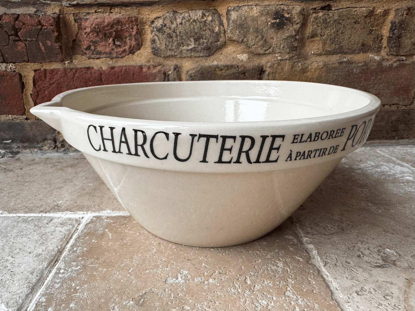 large vintage stoneware french butchers shop advertising promotional spouted mixing bowl charcuterieporc fermier plein air