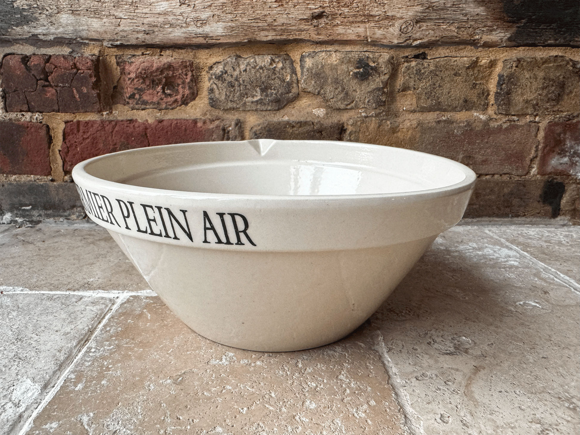 large vintage stoneware french butchers shop advertising promotional spouted mixing bowl charcuterieporc fermier plein air