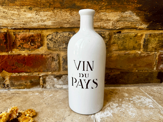 vintage french charolles white stoneware black art deco typography vin du pays bottle