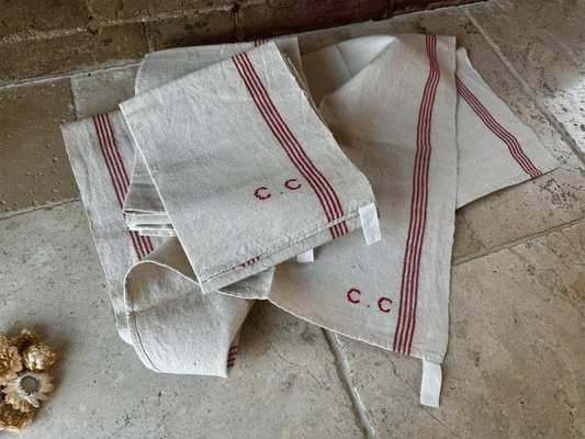 antique vintage french linen hemp torchon red stripe cc initials upholstery cushion material