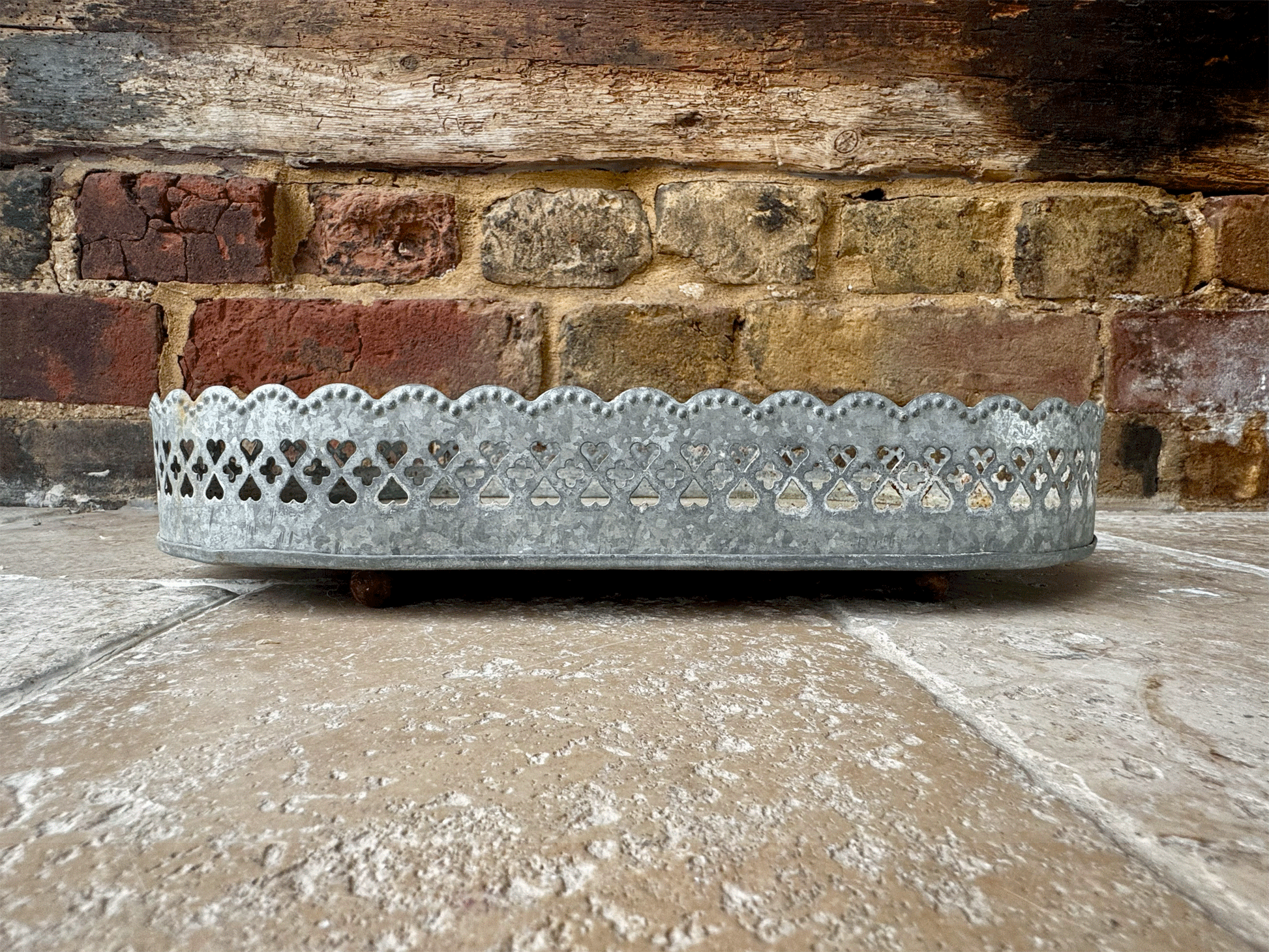 vintage french pretty rustic pierced metalwork display stand tray heart detail