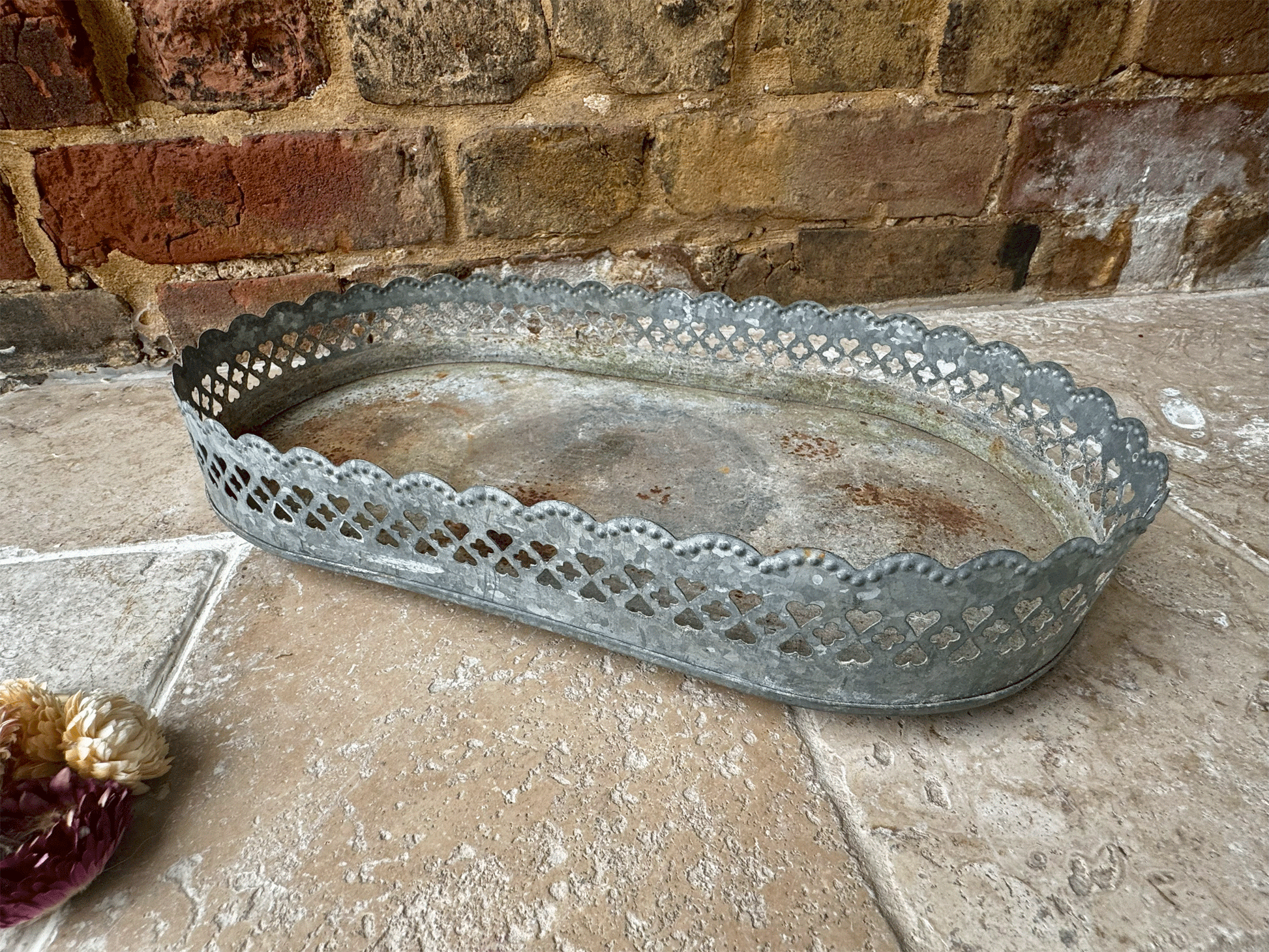 vintage french pretty rustic pierced metalwork display stand tray heart detail
