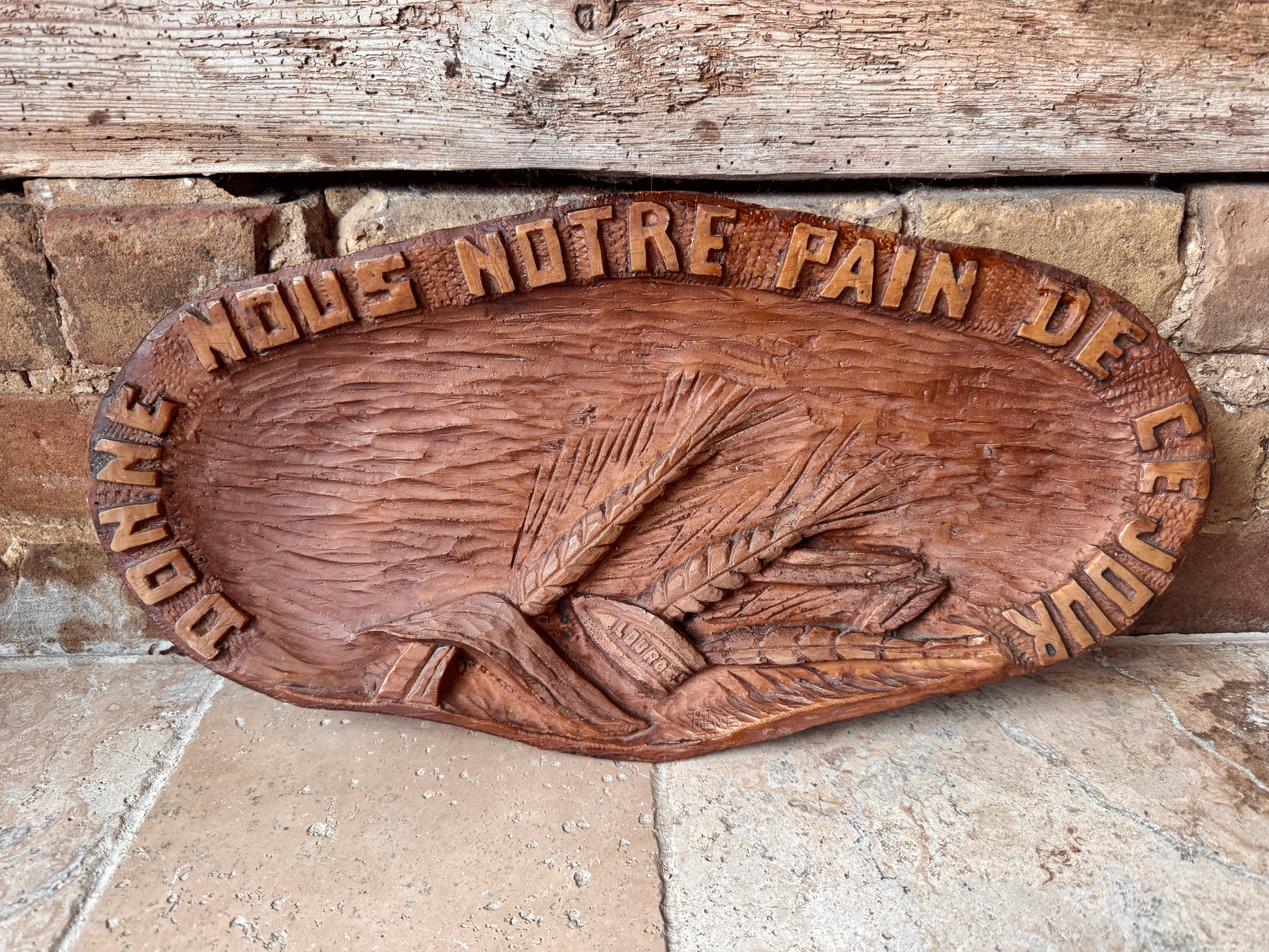 vintage french bread platter board donnez pain jour daily bread motto wheat