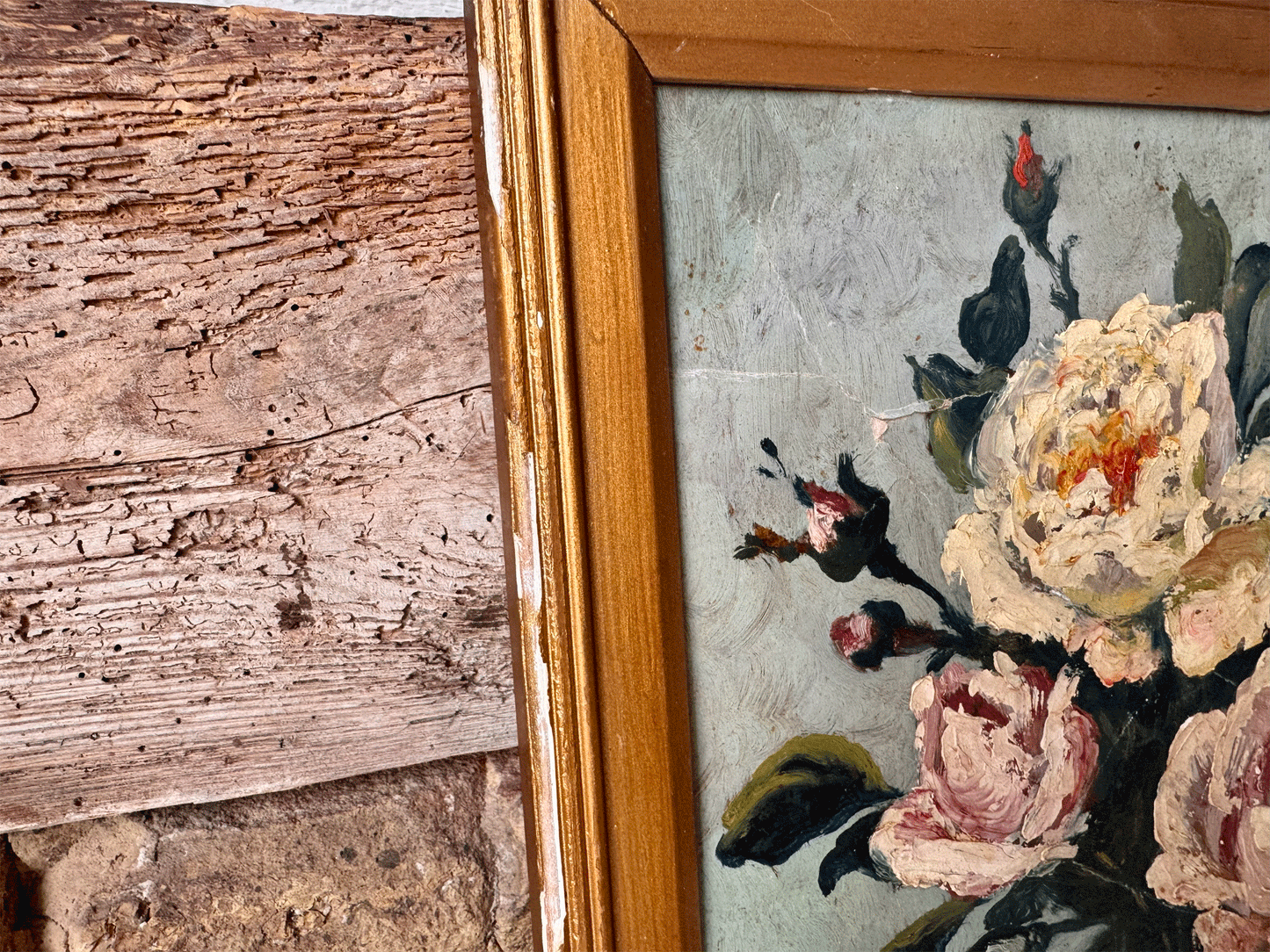 antique french vintage oil painting impressionist impasto floral still life roses peonies blue vase