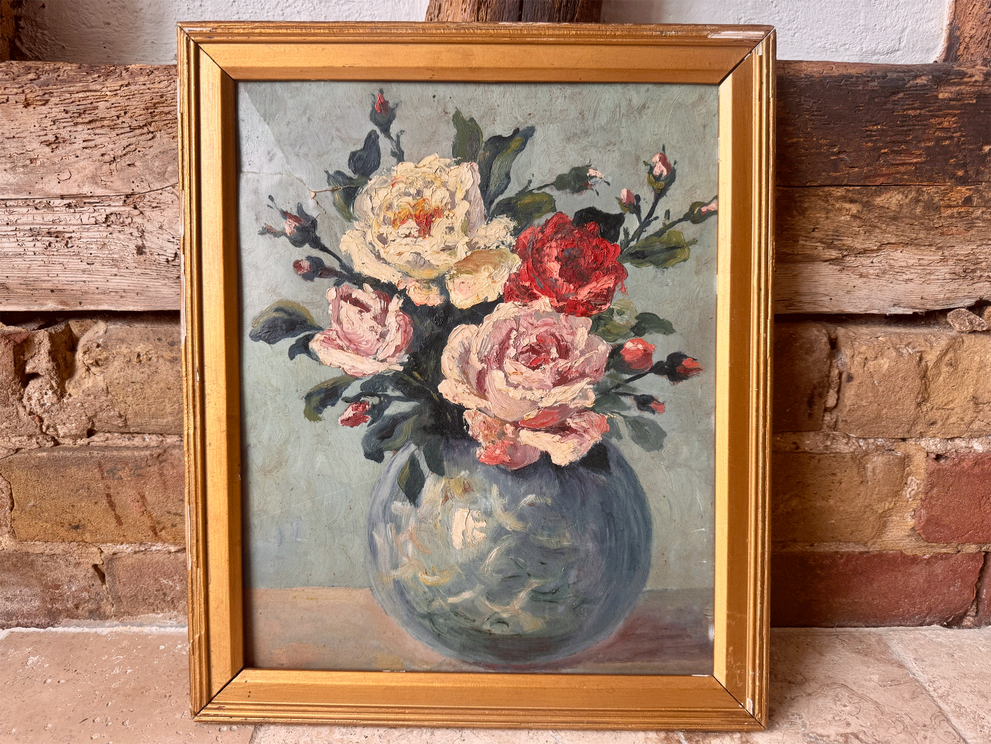 antique french vintage oil painting impressionist impasto floral still life roses peonies blue vase