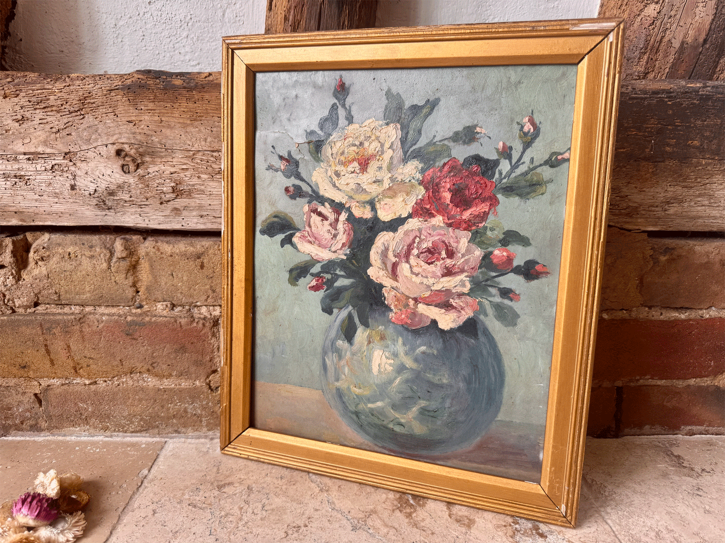 antique french vintage oil painting impressionist impasto floral still life roses peonies blue vase