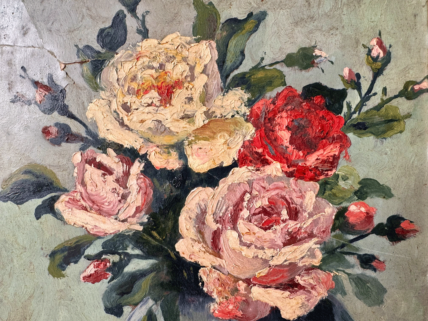 antique french vintage oil painting impressionist impasto floral still life roses peonies blue vase