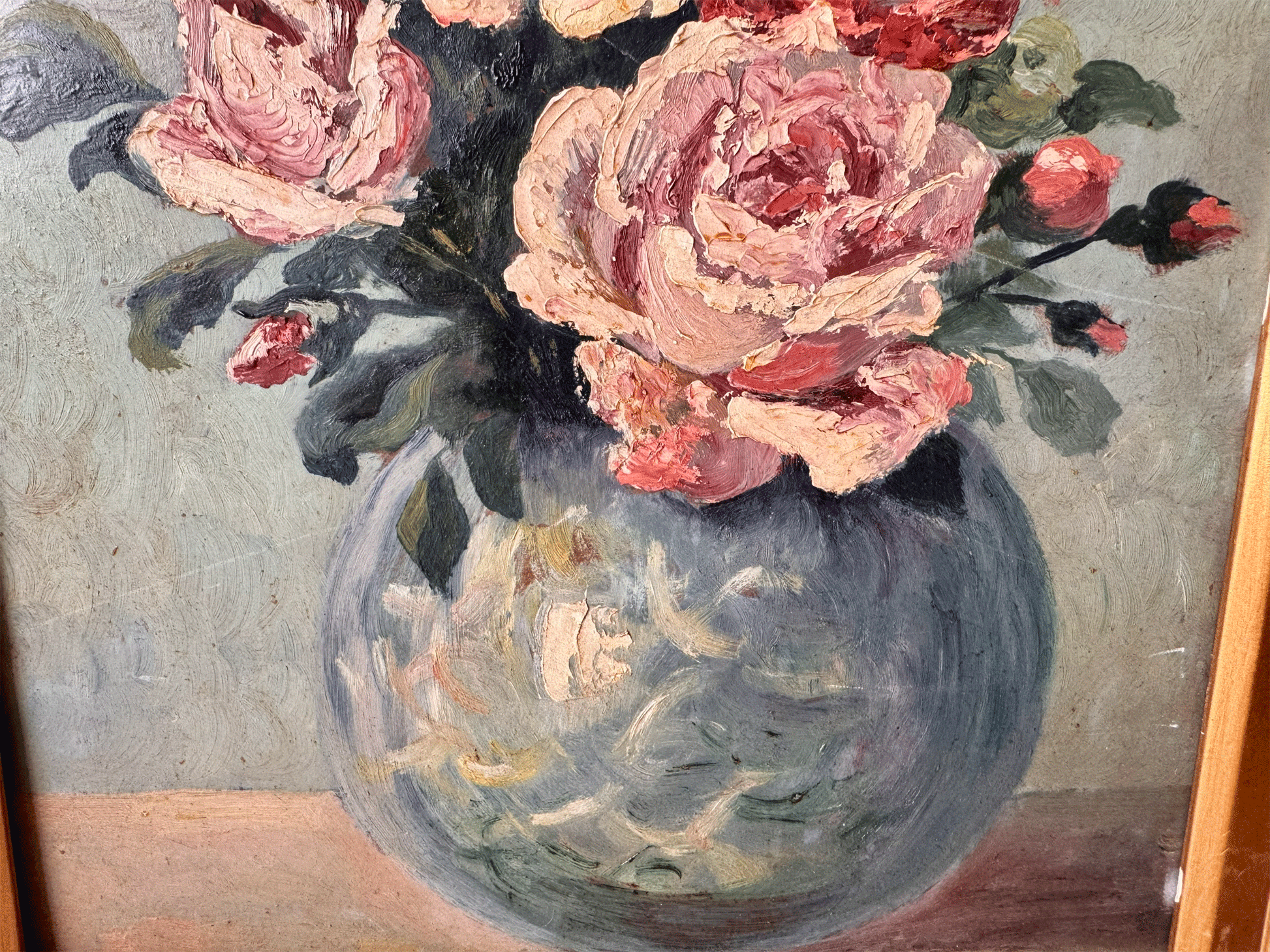 antique french vintage oil painting impressionist impasto floral still life roses peonies blue vase