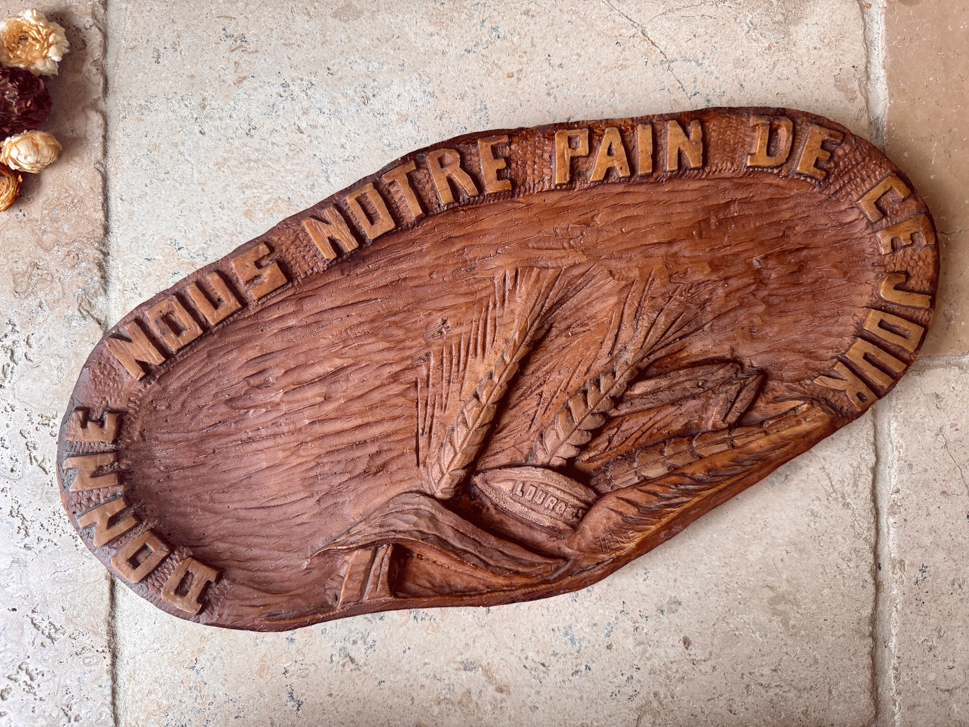vintage french bread platter board donnez pain jour daily bread motto wheat