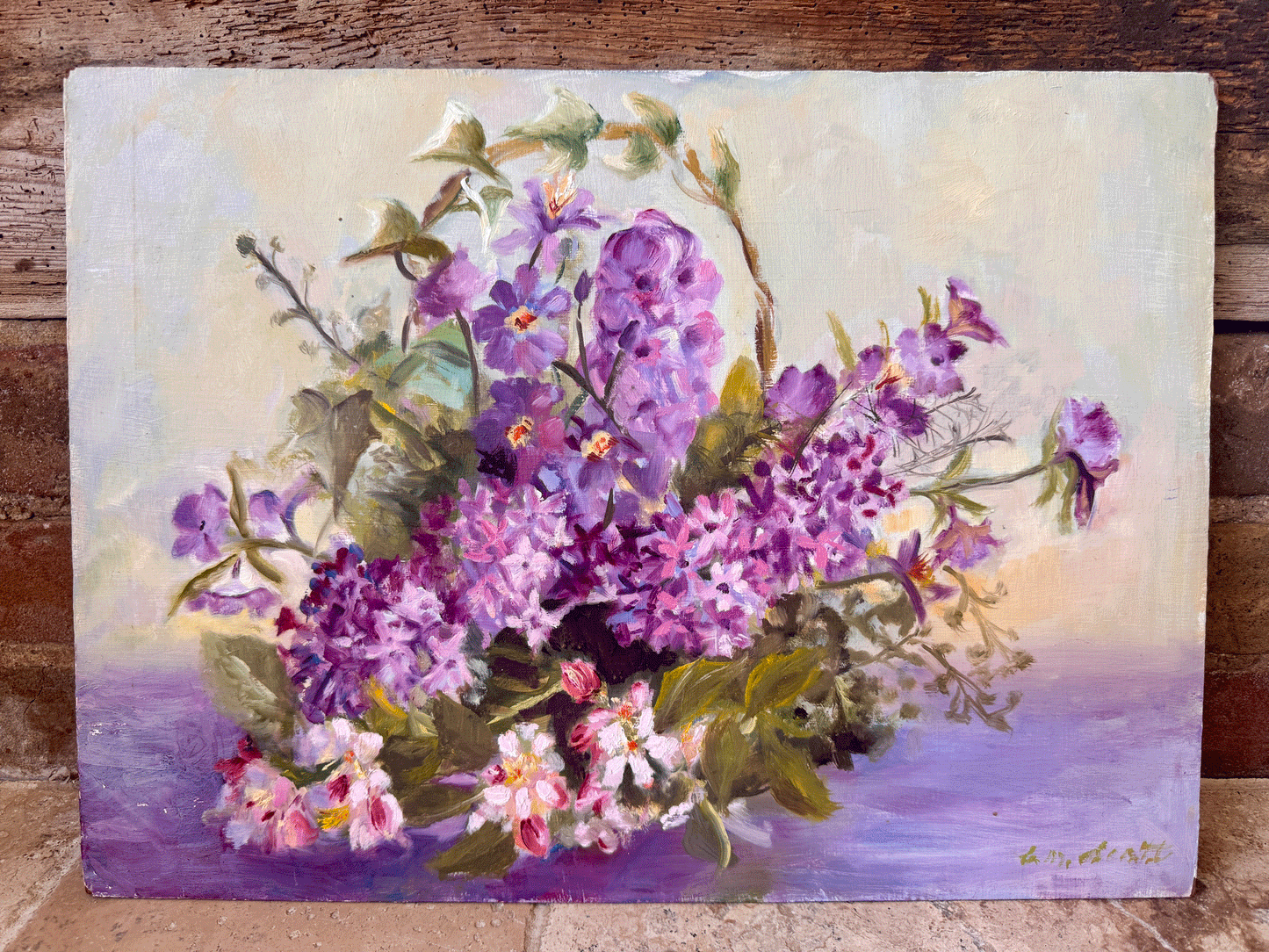 vintage french artwork lilac purple flowers floal still life oil canvas board signed