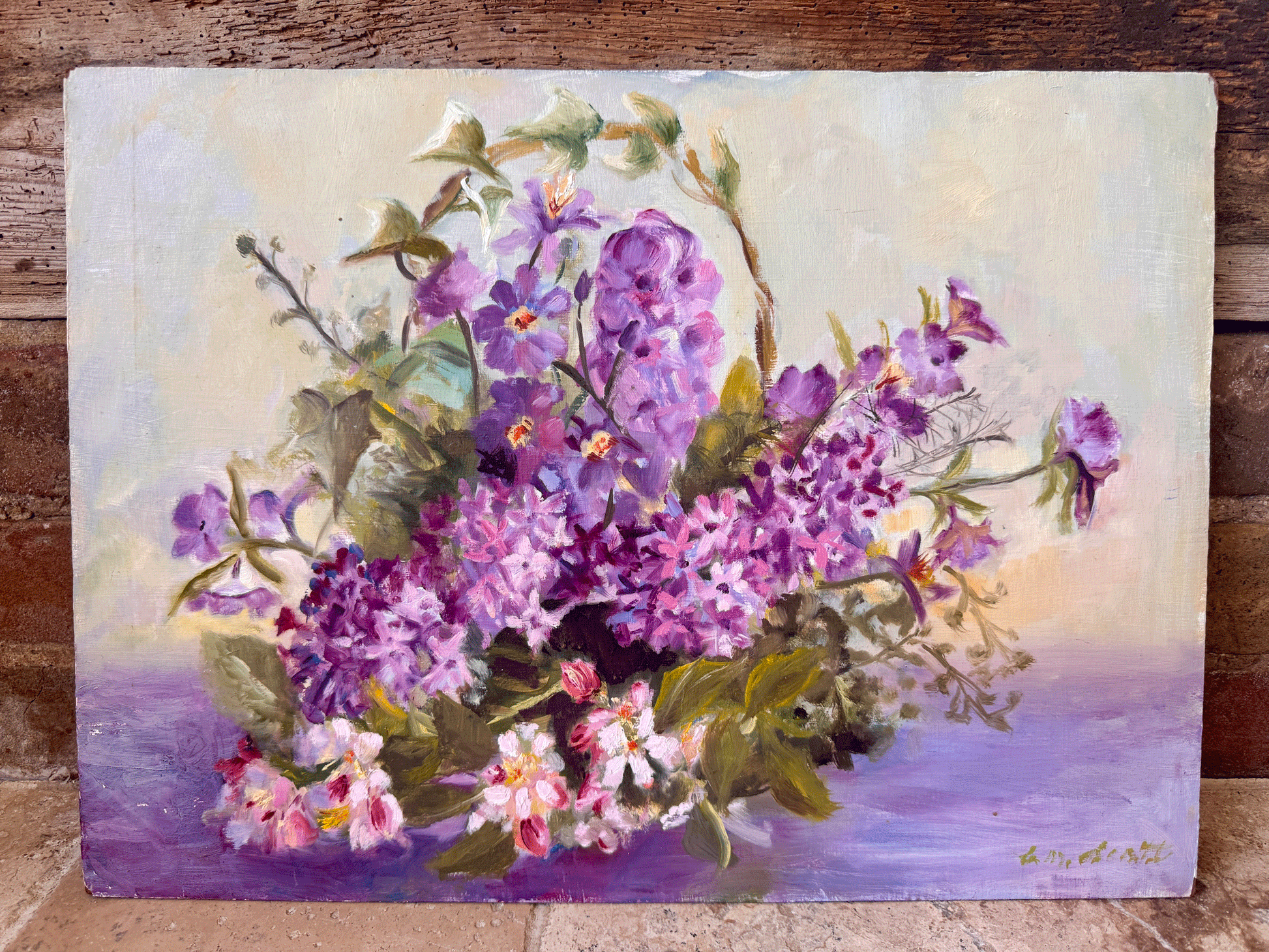 vintage french artwork lilac purple flowers floal still life oil canvas board signed