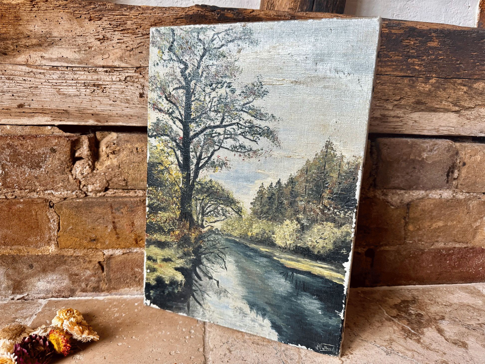 vntage french oil painting canvas signed country landscape river scene setting