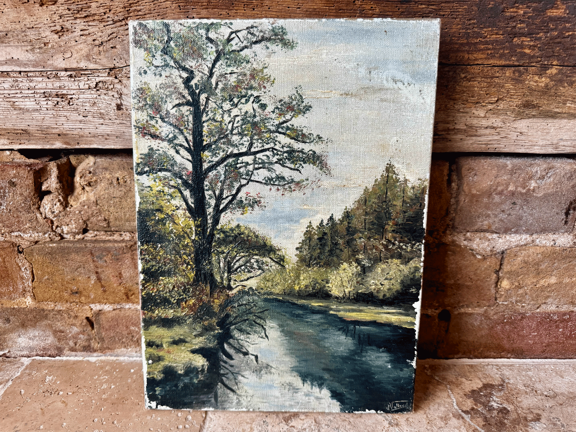 vntage french oil painting canvas signed country landscape river scene setting