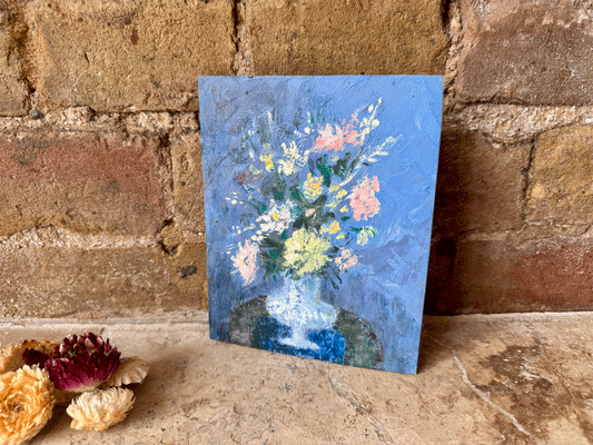small miniature vintage french oil painting still life floral composition vase flowers 