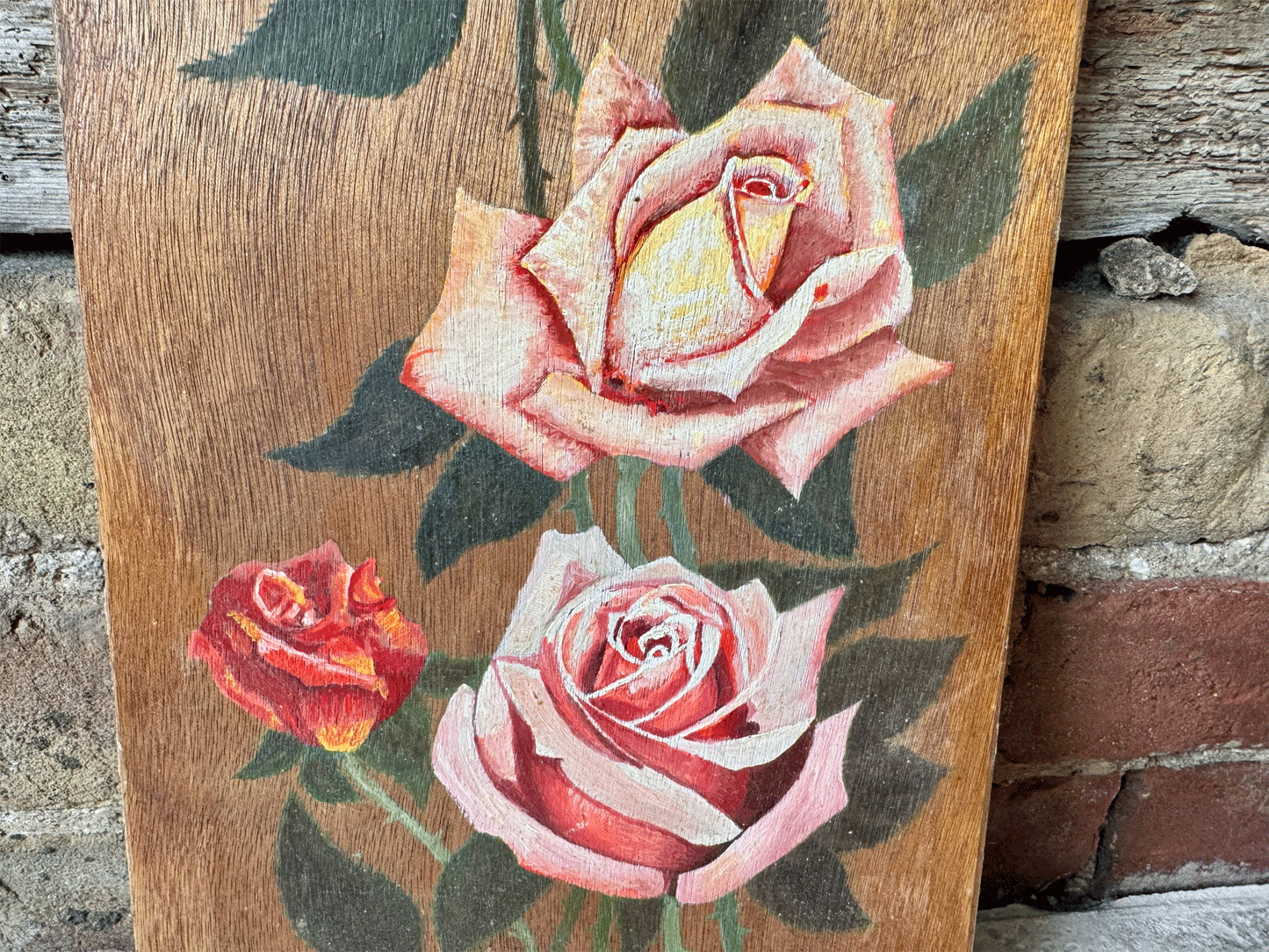vintage french floral still life oil painting pink red roses climbing wooden panel board
