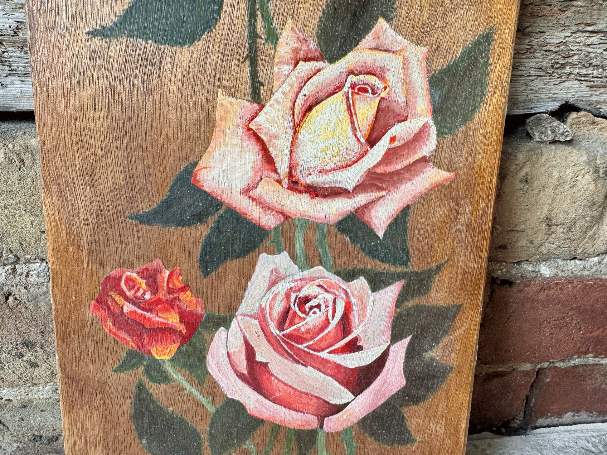 vintage french floral still life oil painting pink red roses climbing wooden panel board
