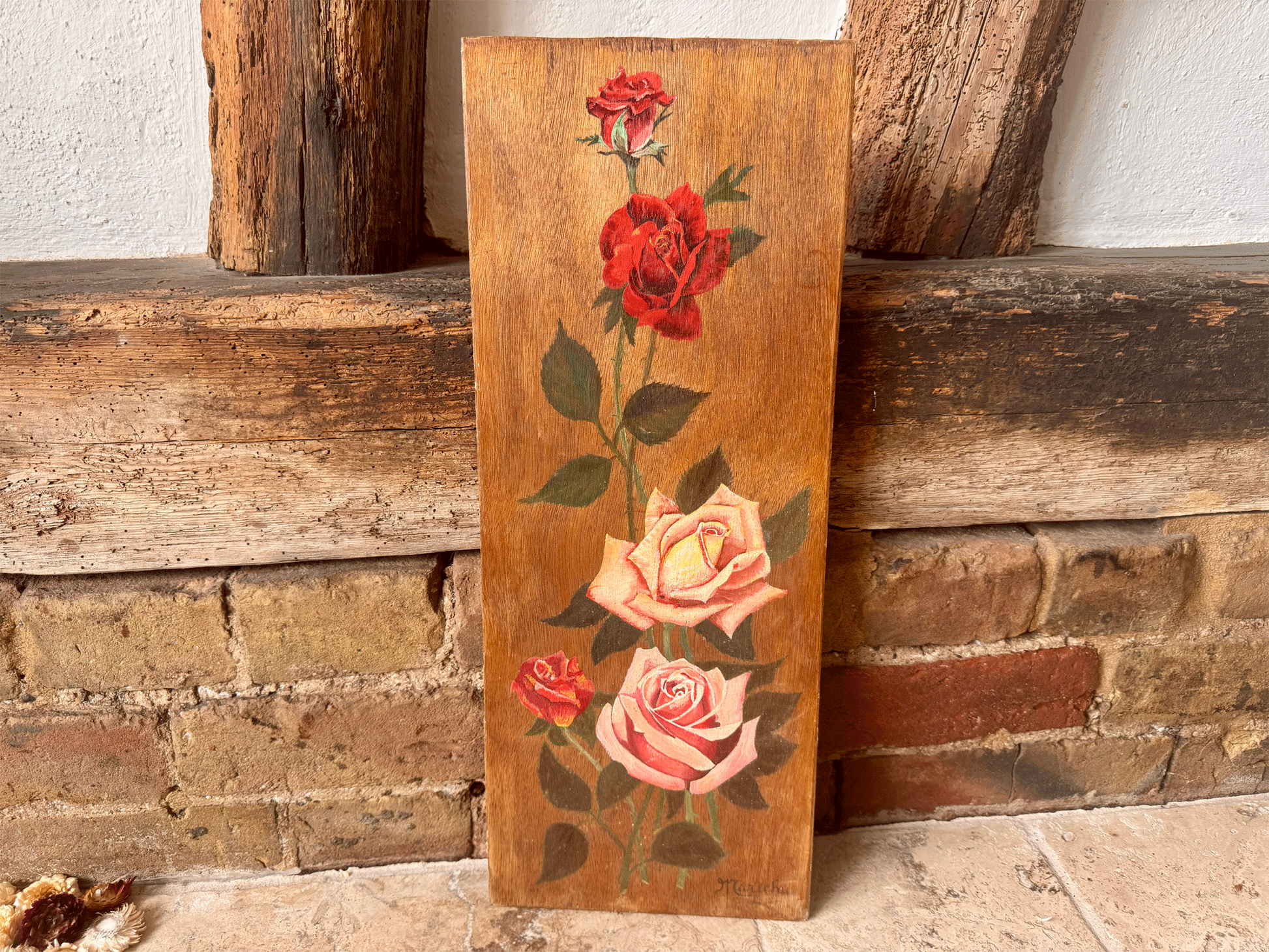 vintage french floral still life oil painting pink red roses climbing wooden panel board