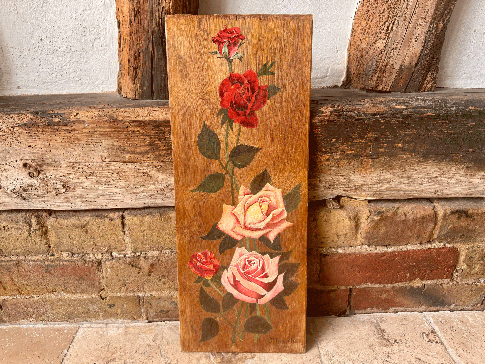 vintage french floral still life oil painting pink red roses climbing wooden panel board