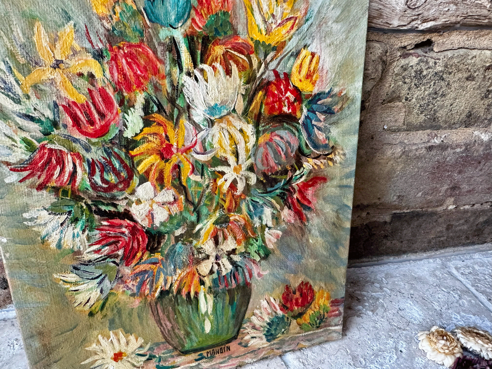 vintage french oil painting canvas virbant floral still life flowers vase signed mangin