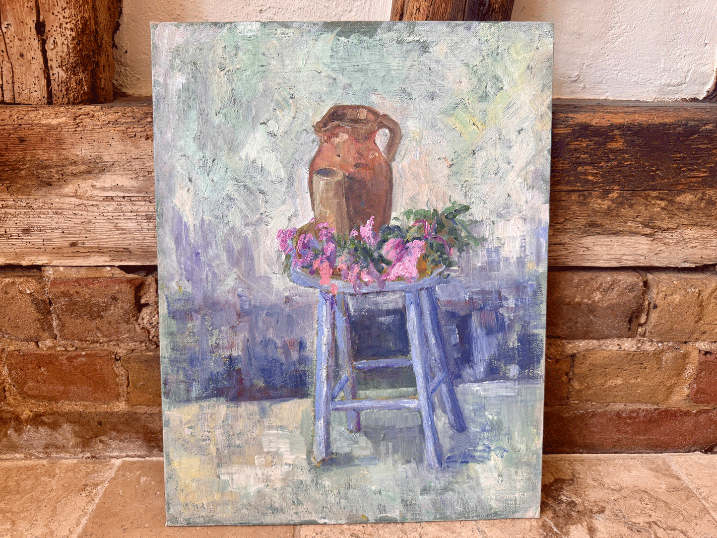 vintage french impressionist oil painting board blues pinks still life chair stool florals flowers stoneware earthenware jug