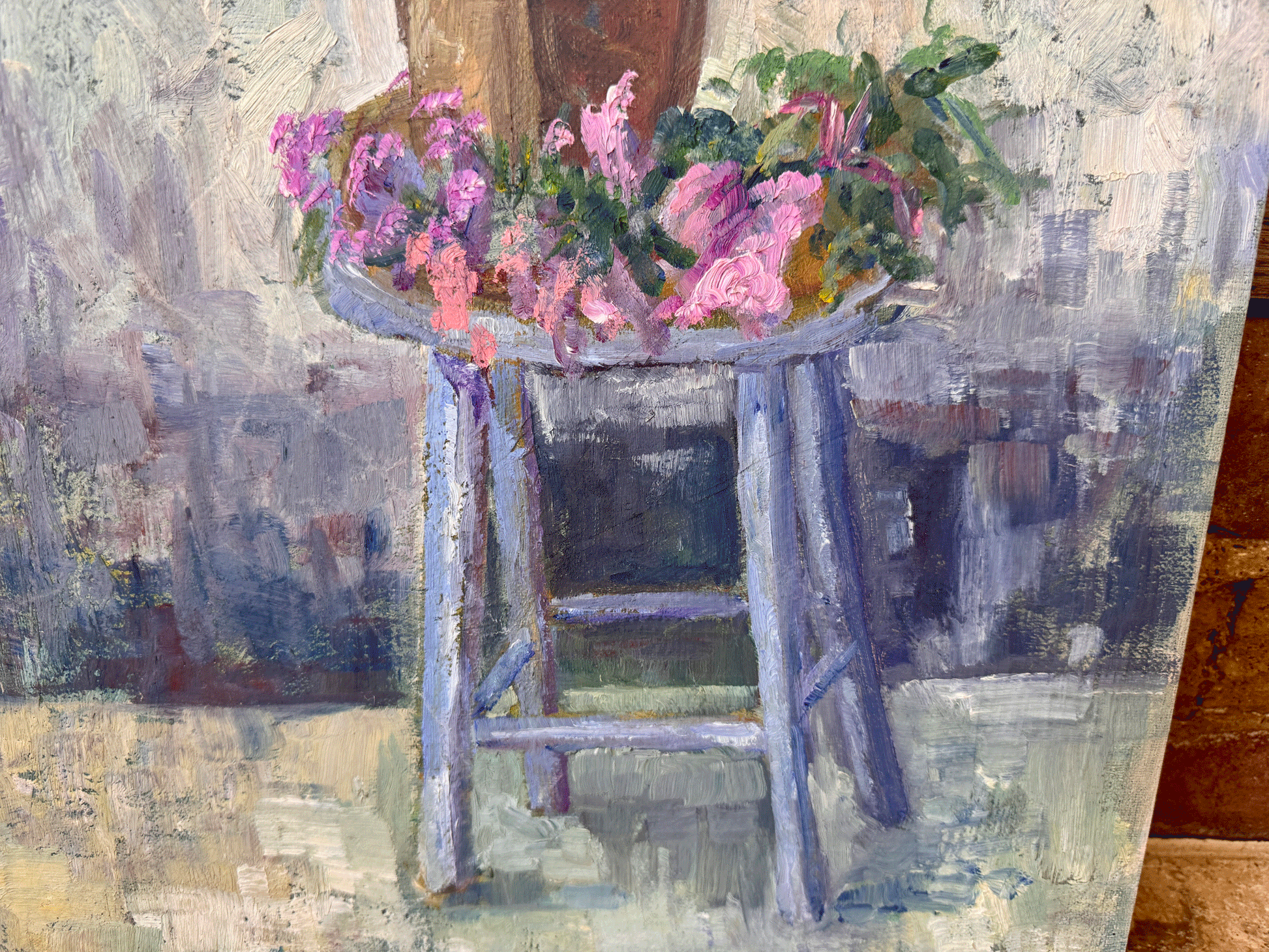 vintage french impressionist oil painting board blues pinks still life chair stool florals flowers stoneware earthenware jug