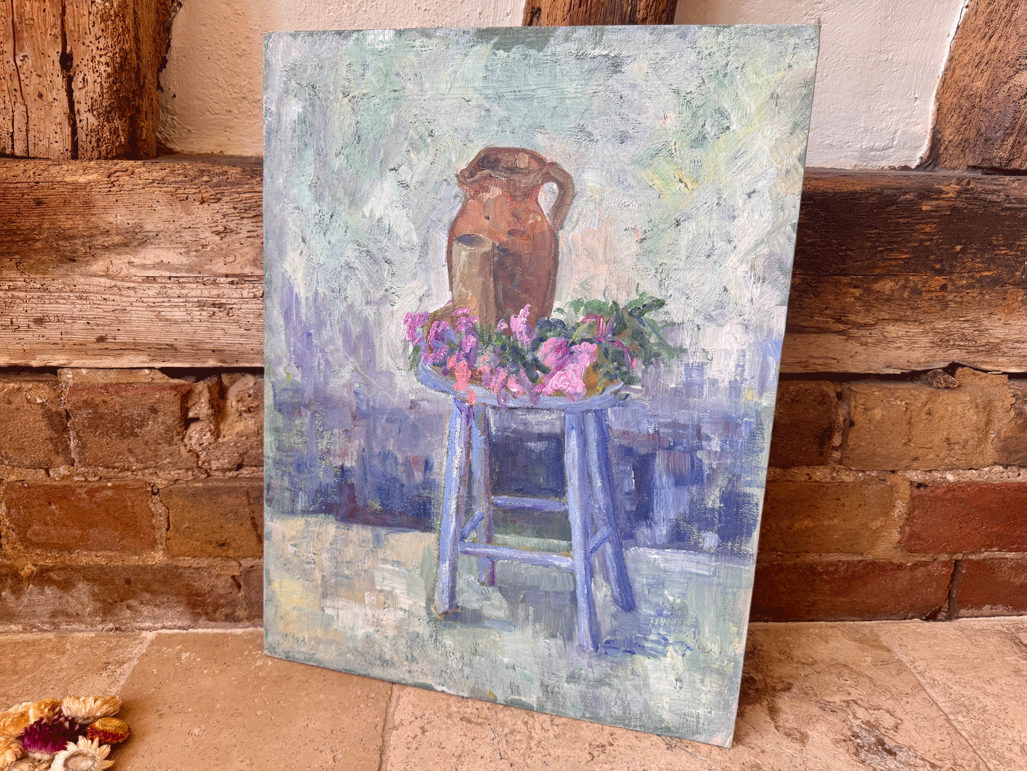 vintage french impressionist oil painting board blues pinks still life chair stool florals flowers stoneware earthenware jug