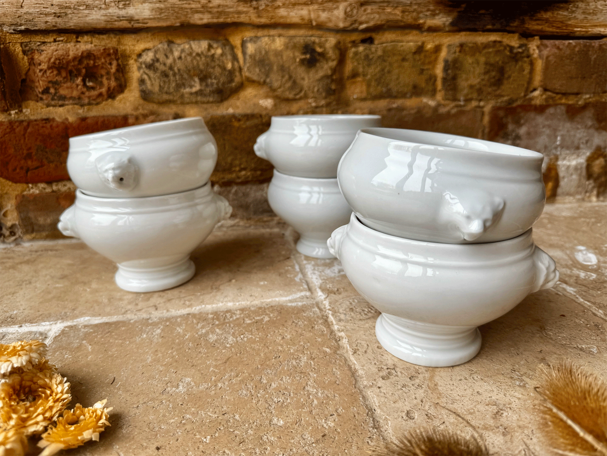 vintage french plain white ironstone soup bowl lion head handles