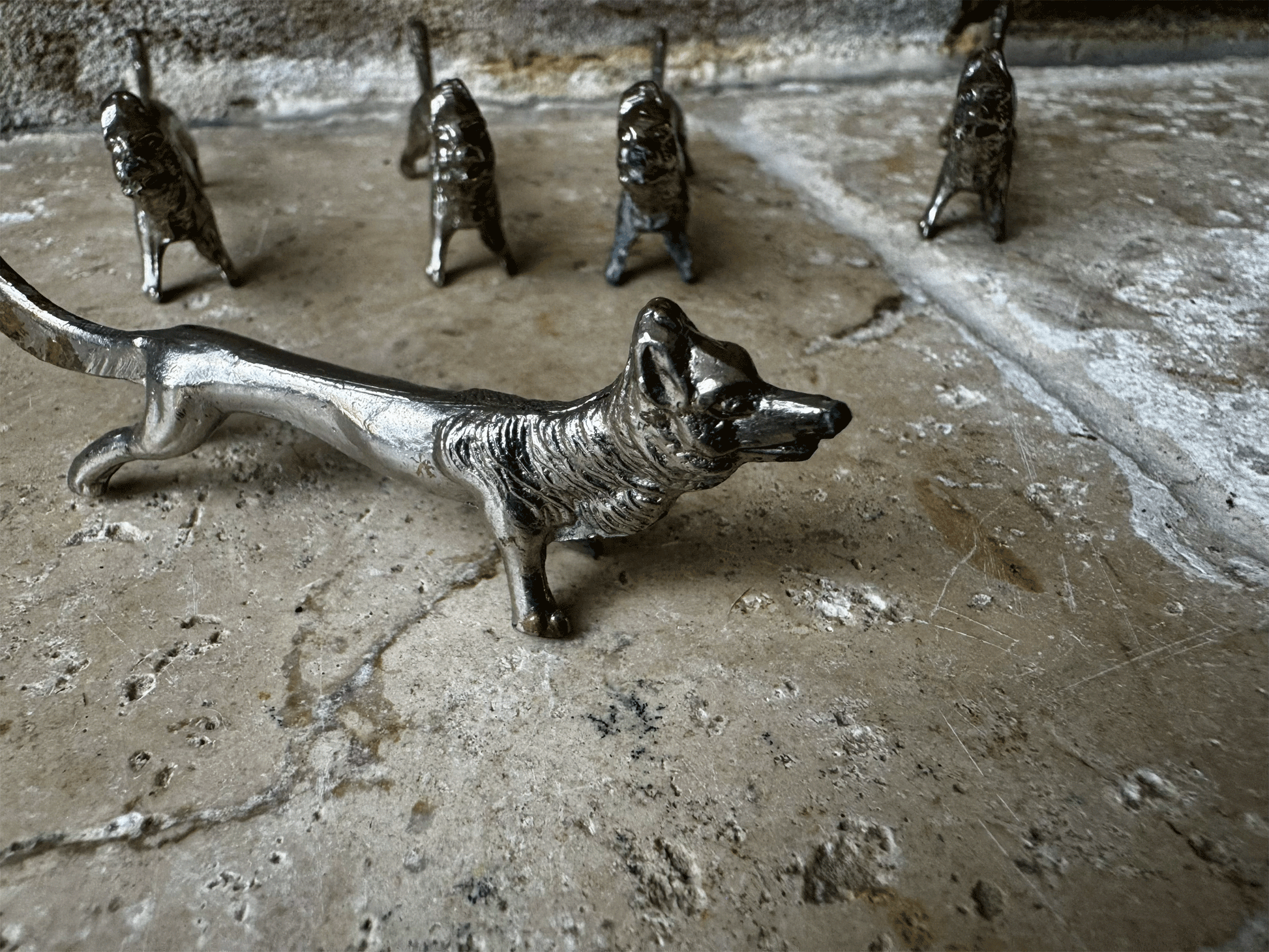 antique vintage french set silver plated knife rests rare figural wolf wolves