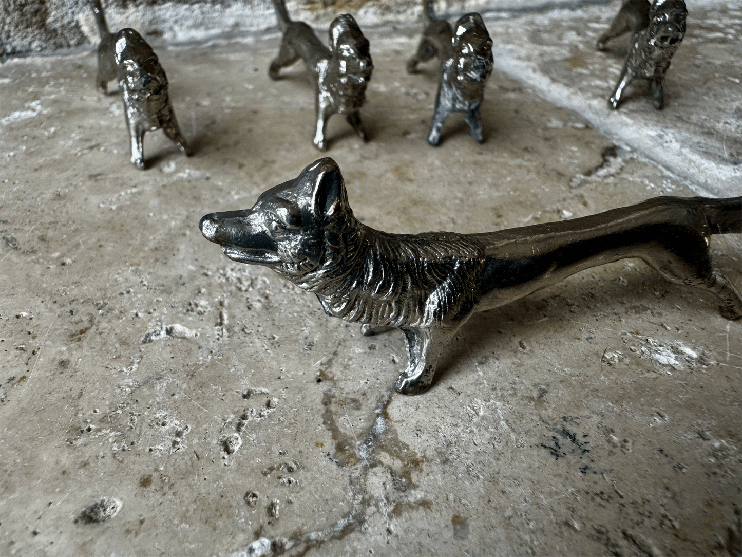 antique vintage french set silver plated knife rests rare figural wolf wolves